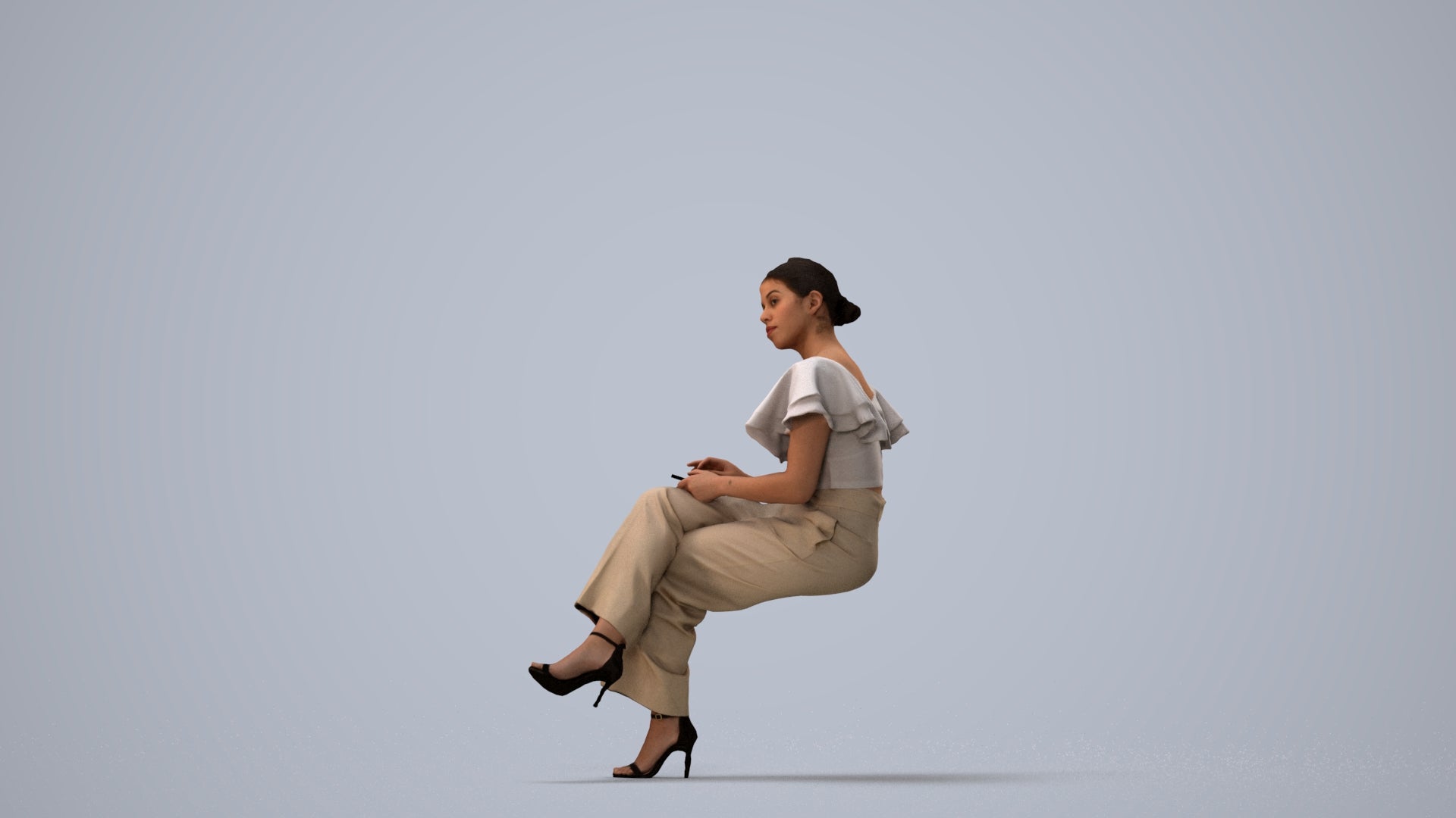 realistic 3D woman business sitting, scanned archviz people for Blender and 3ds Max, three-quarter view render