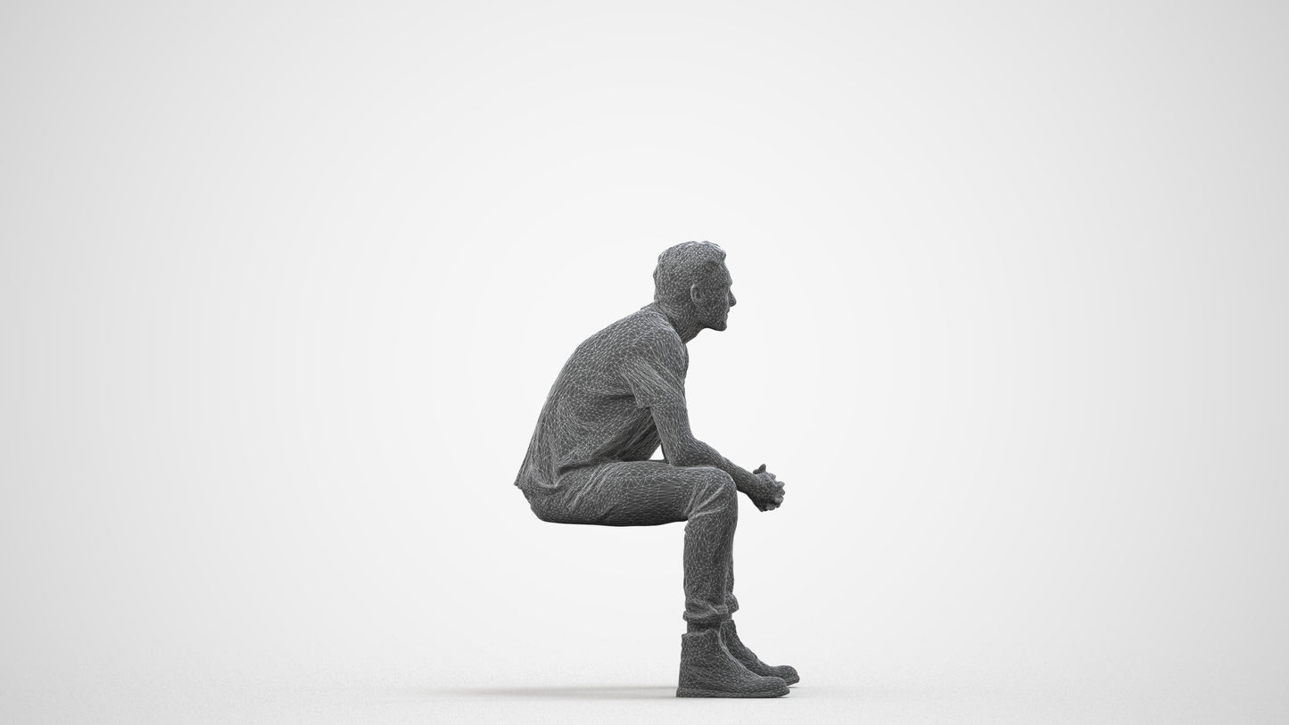 scanned 3D man casual sitting, photogrammetry people for Enscape and V-Ray, wireframe side view