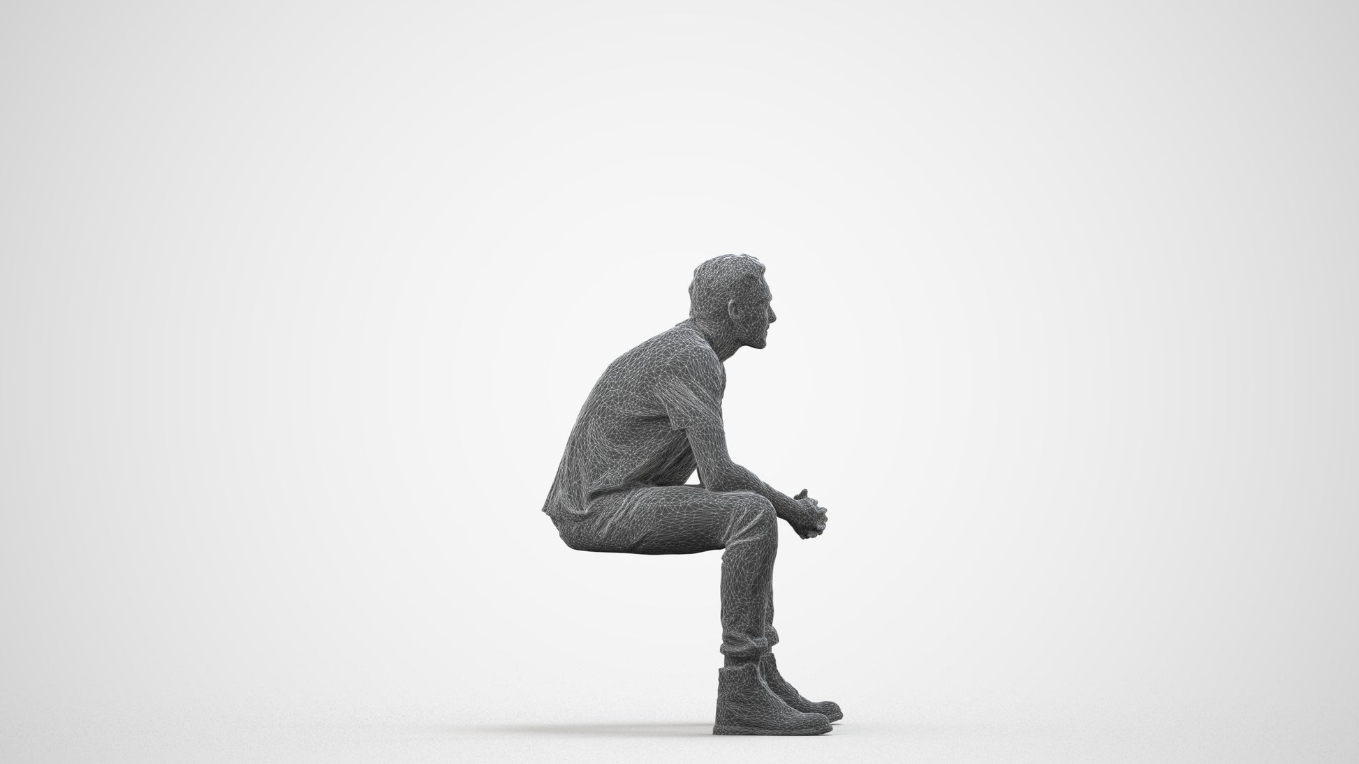 scanned 3D man casual sitting, photogrammetry people for Enscape and V-Ray, wireframe side view