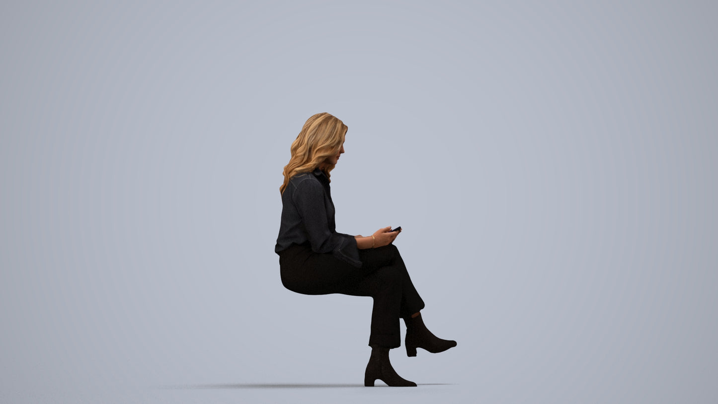 3D human model woman business sitting, photogrammetry scanned person for archviz, side view render