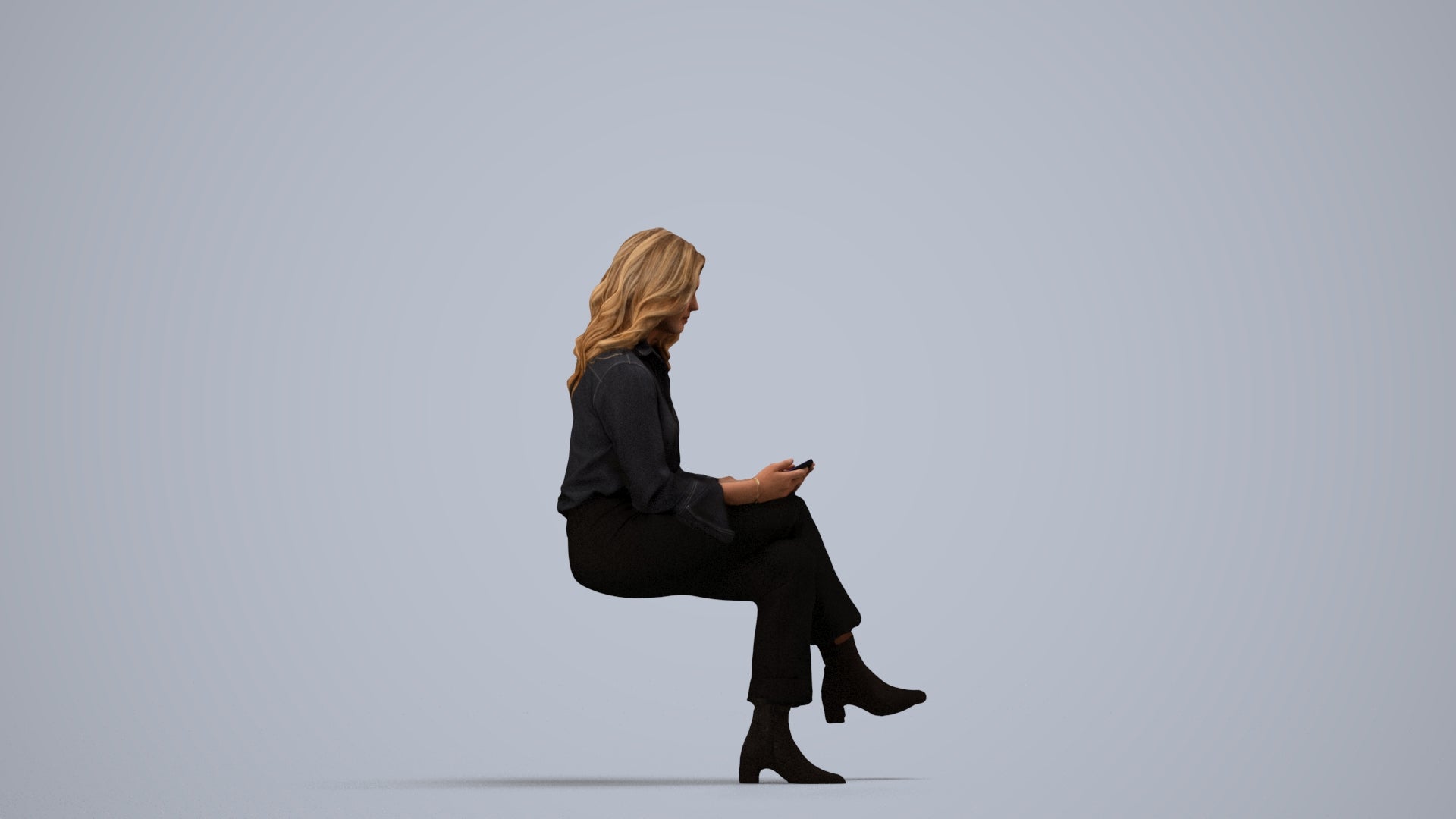 3D human model woman business sitting, photogrammetry scanned person for archviz, side view render