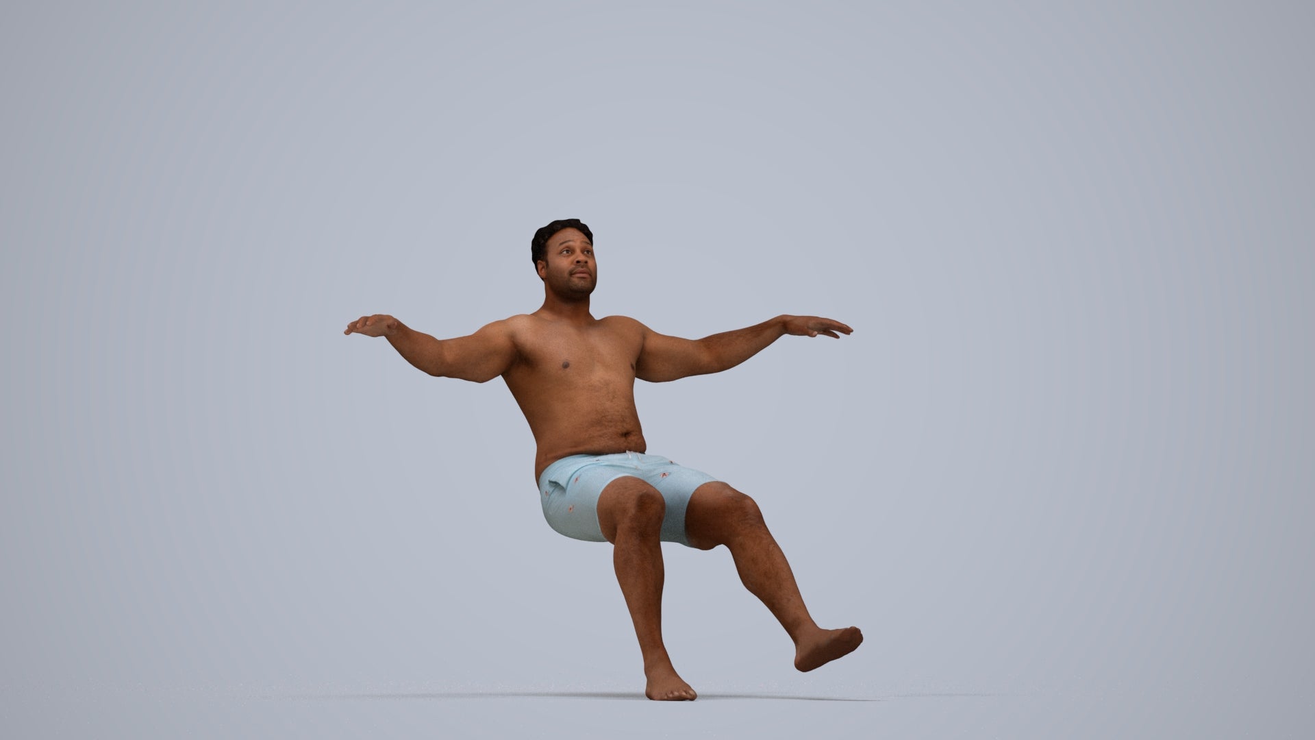 3D human model man pool, photogrammetry scanned person for archviz, top-down view render