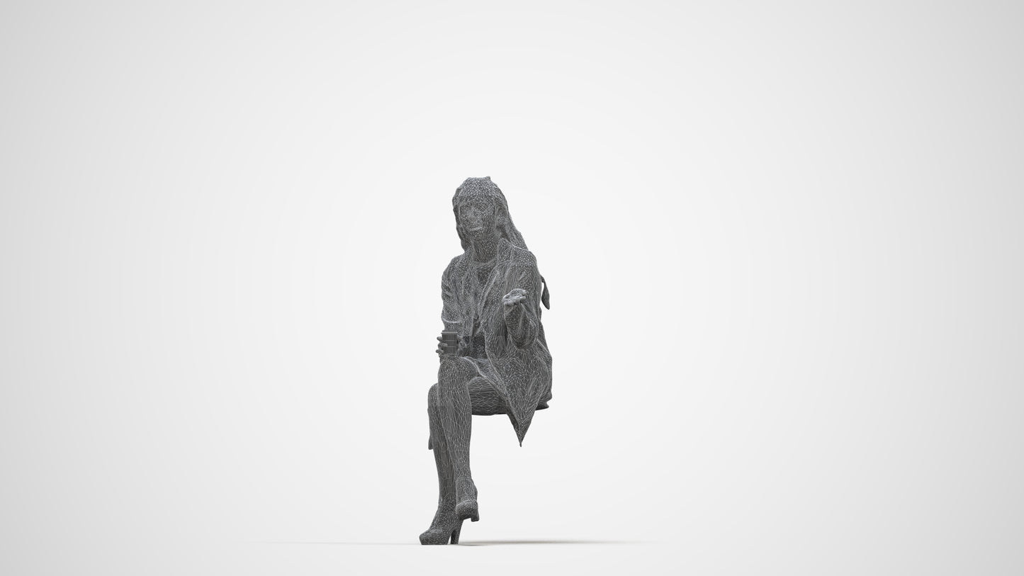 3D human model woman business sitting, photogrammetry scanned person for archviz, wireframe back view