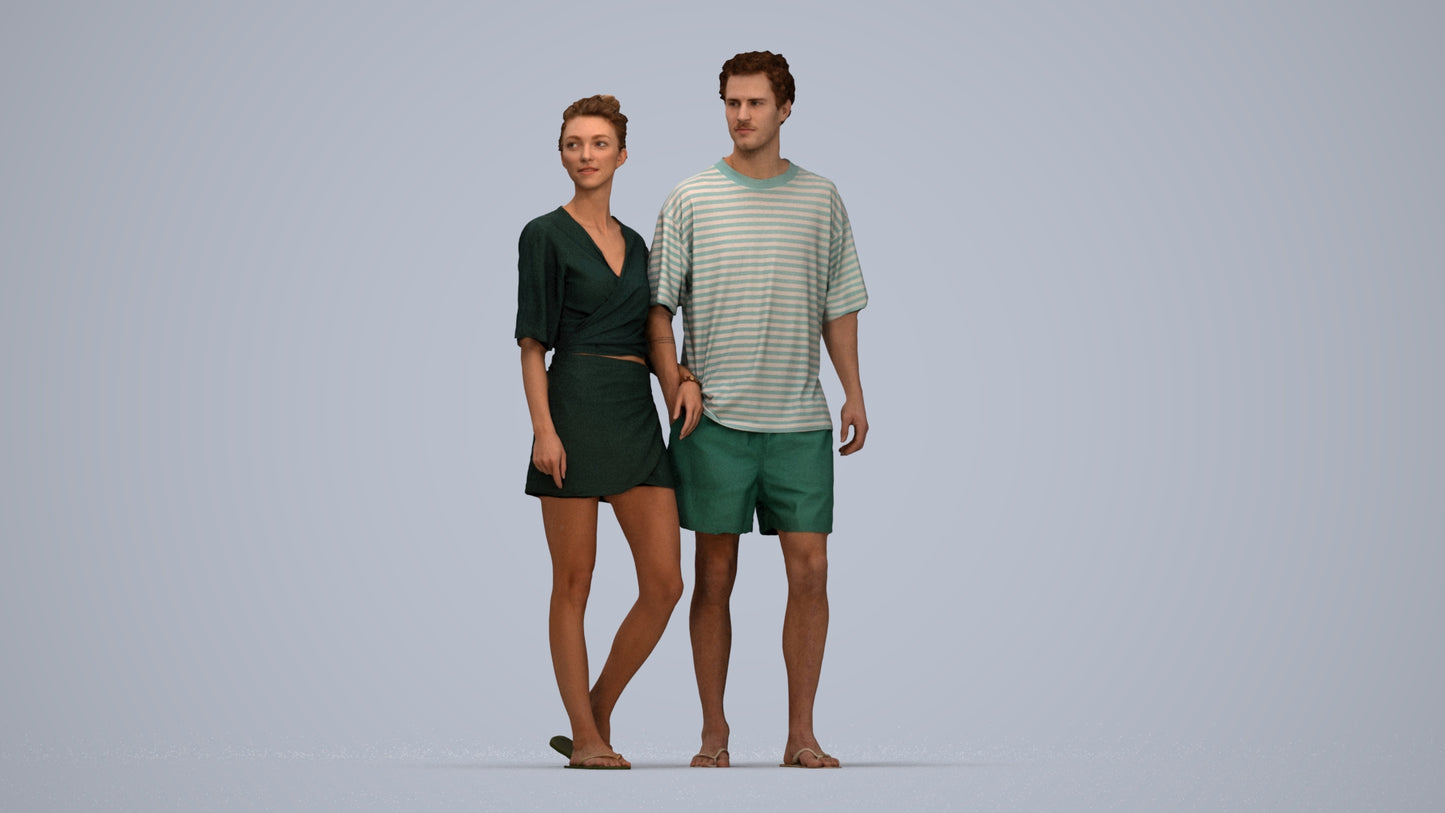 realistic 3D human woman casual couple, archviz people FBX OBJ for Blender, top-down view render