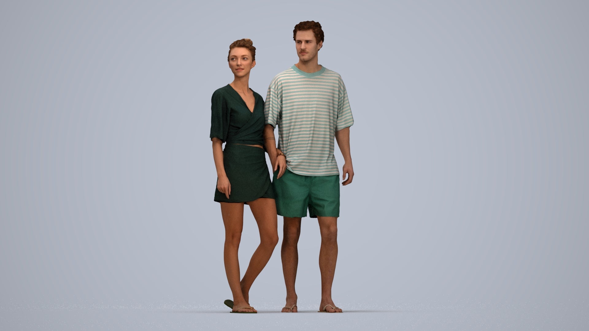 realistic 3D human woman casual couple, archviz people FBX OBJ for Blender, top-down view render