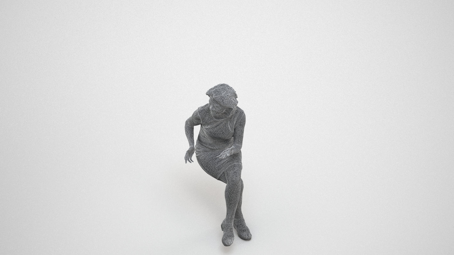 3D scanned woman sitting business, photorealistic archviz people for Enscape and SketchUp, wireframe three-quarter view