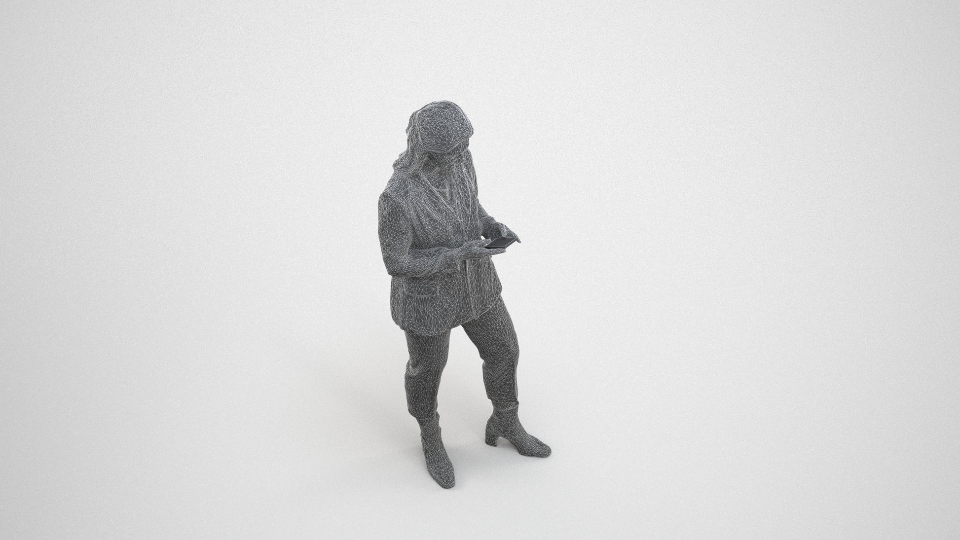 3D human model woman business, photogrammetry scanned person for archviz, wireframe three-quarter view