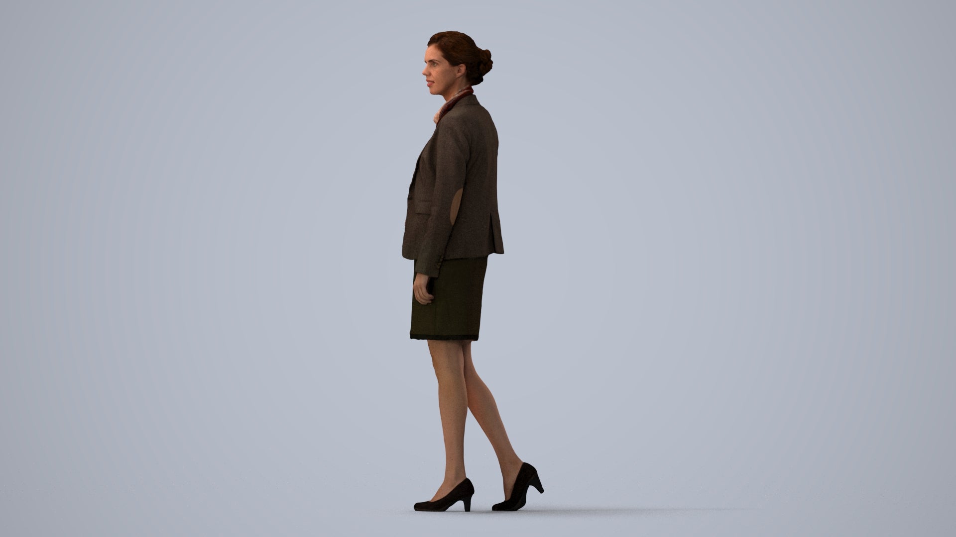 realistic 3D human woman business walking, archviz people FBX OBJ for Blender, three-quarter view render