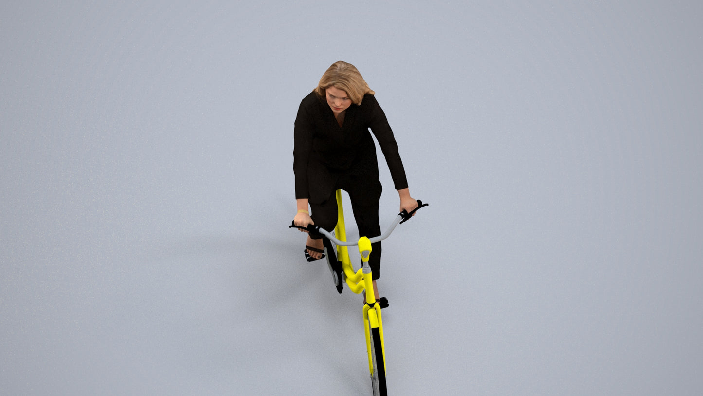 realistic 3D woman business cycling, scanned archviz people for Blender and 3ds Max, back view render