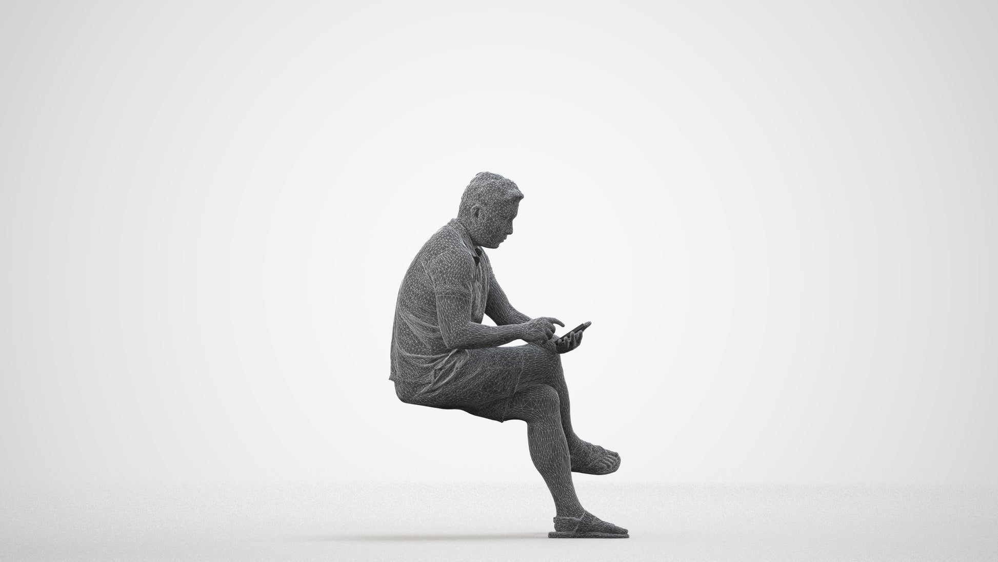 3D people model man casual sitting, scanned human for 3ds Max rendering, wireframe side view