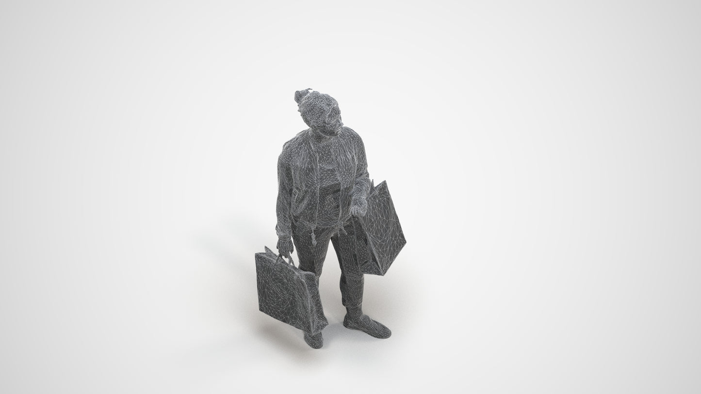 3D scanned woman shopping casual, photorealistic archviz people for Enscape and SketchUp, wireframe three-quarter view