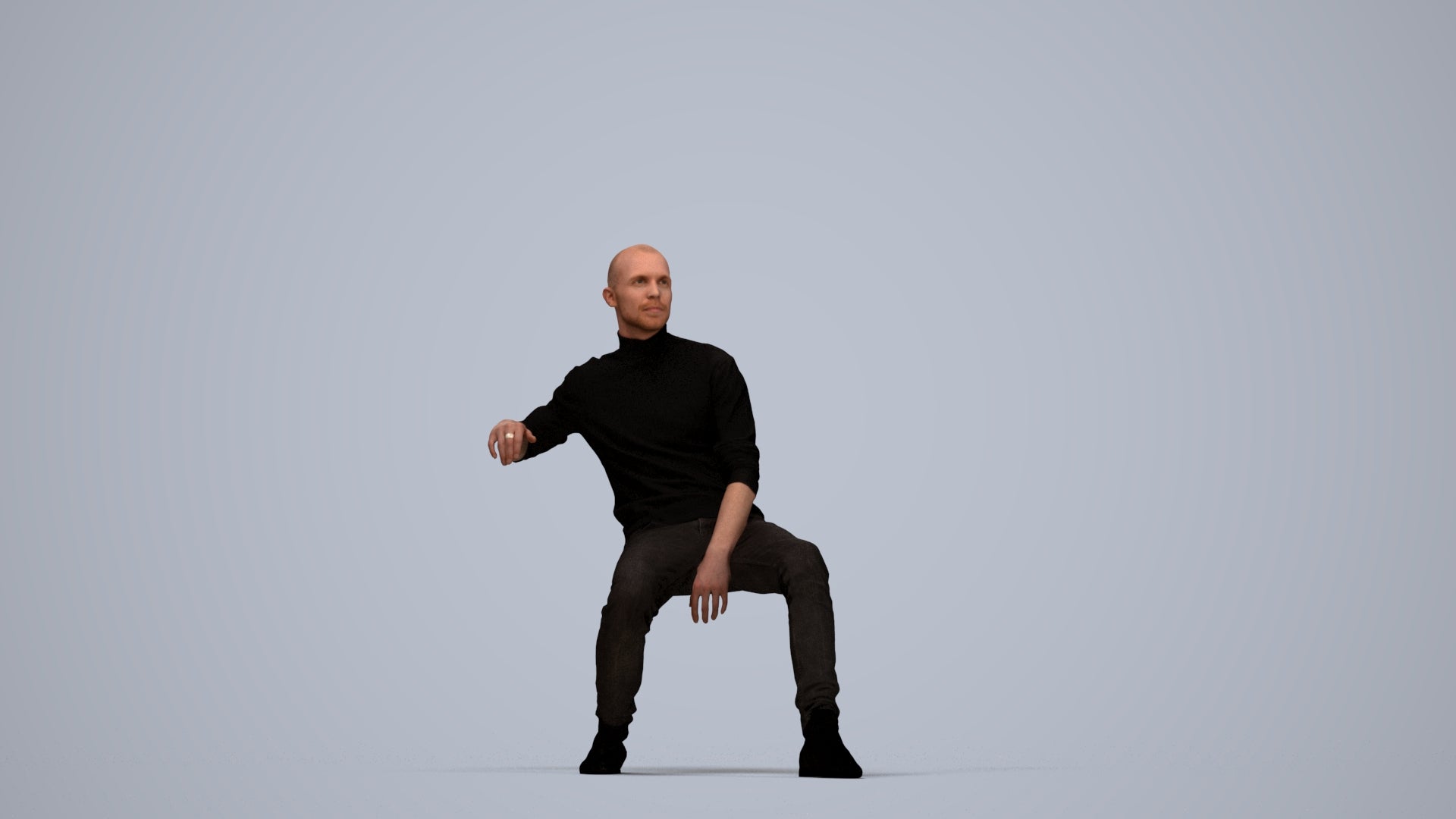 3D human model man casual sitting, photogrammetry scanned person for archviz, top-down view render