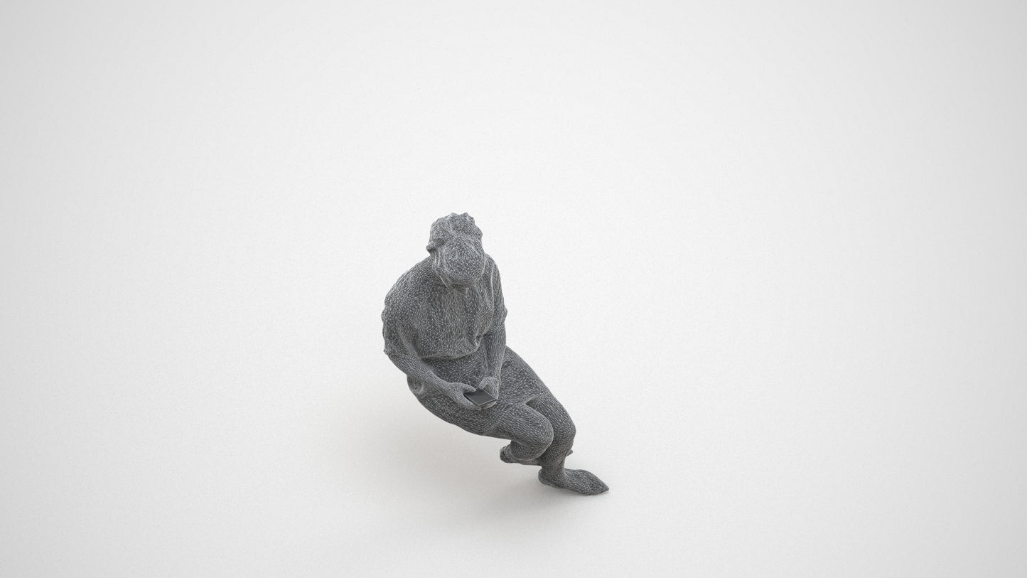 realistic 3D woman casual sitting, scanned archviz people for Blender and 3ds Max, wireframe three-quarter view