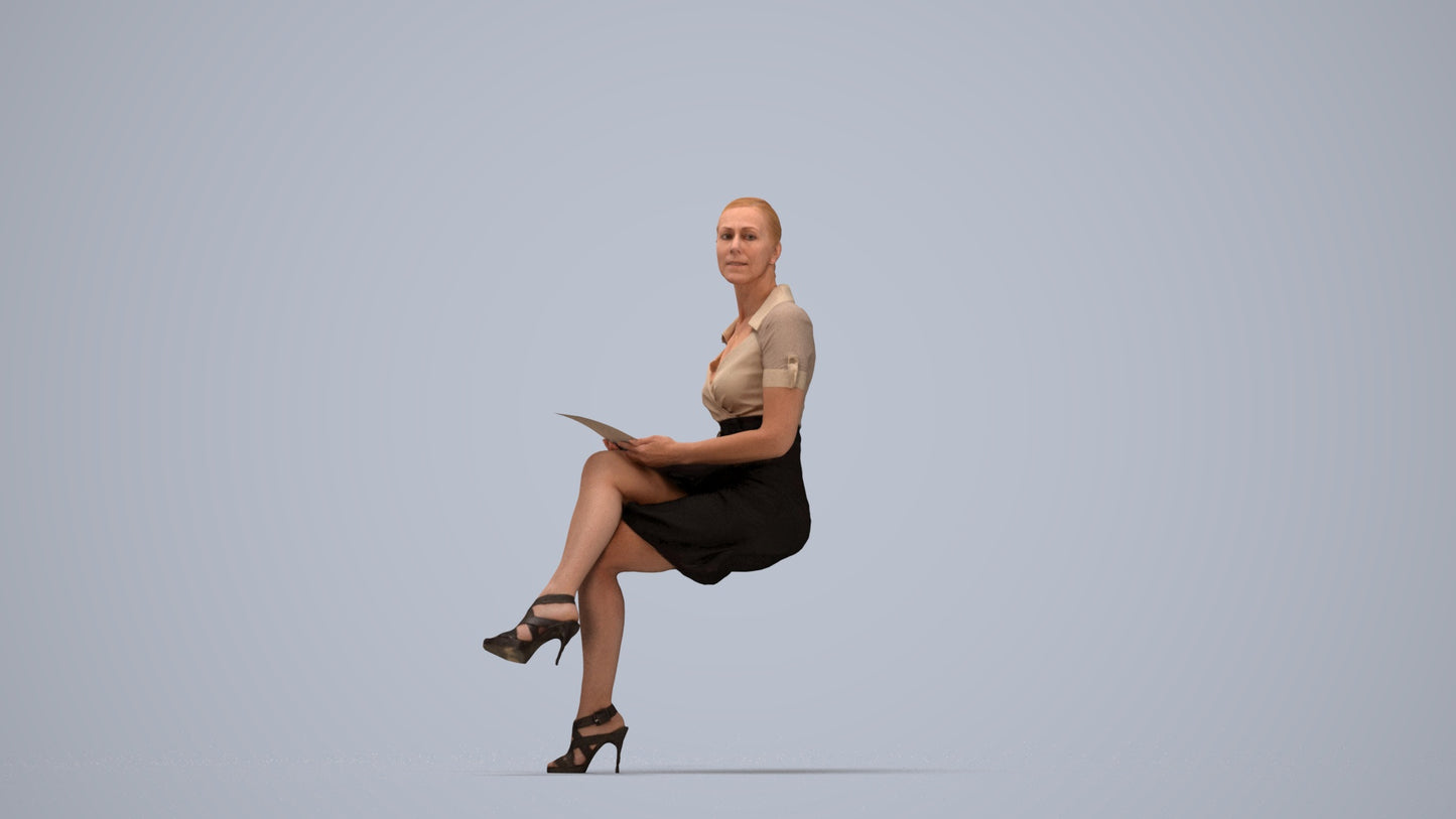 3D scanned woman sitting business, photorealistic archviz people for Enscape and SketchUp, top-down view render