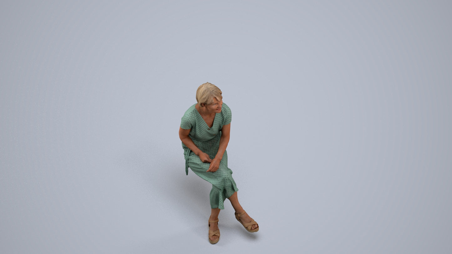 realistic 3D senior woman casual sitting, scanned archviz people for Blender and 3ds Max, back view render