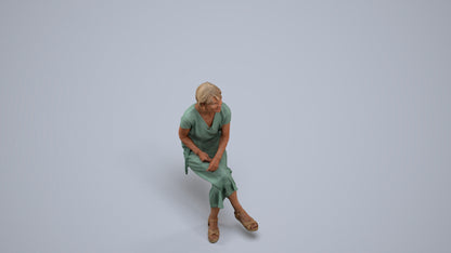 realistic 3D senior woman casual sitting, scanned archviz people for Blender and 3ds Max, back view render