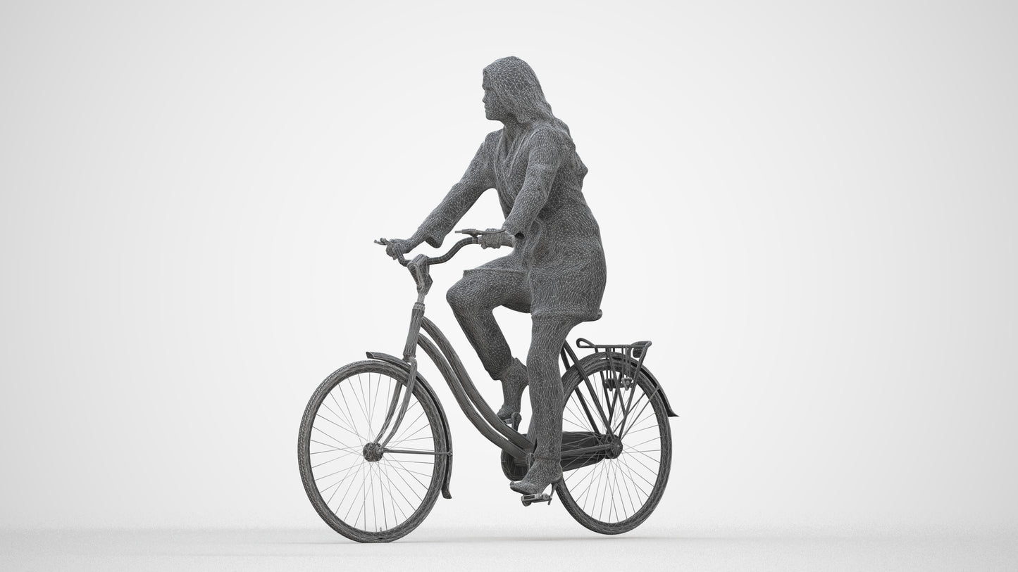 realistic 3D woman business cycling, scanned archviz people for Blender and 3ds Max, wireframe back view