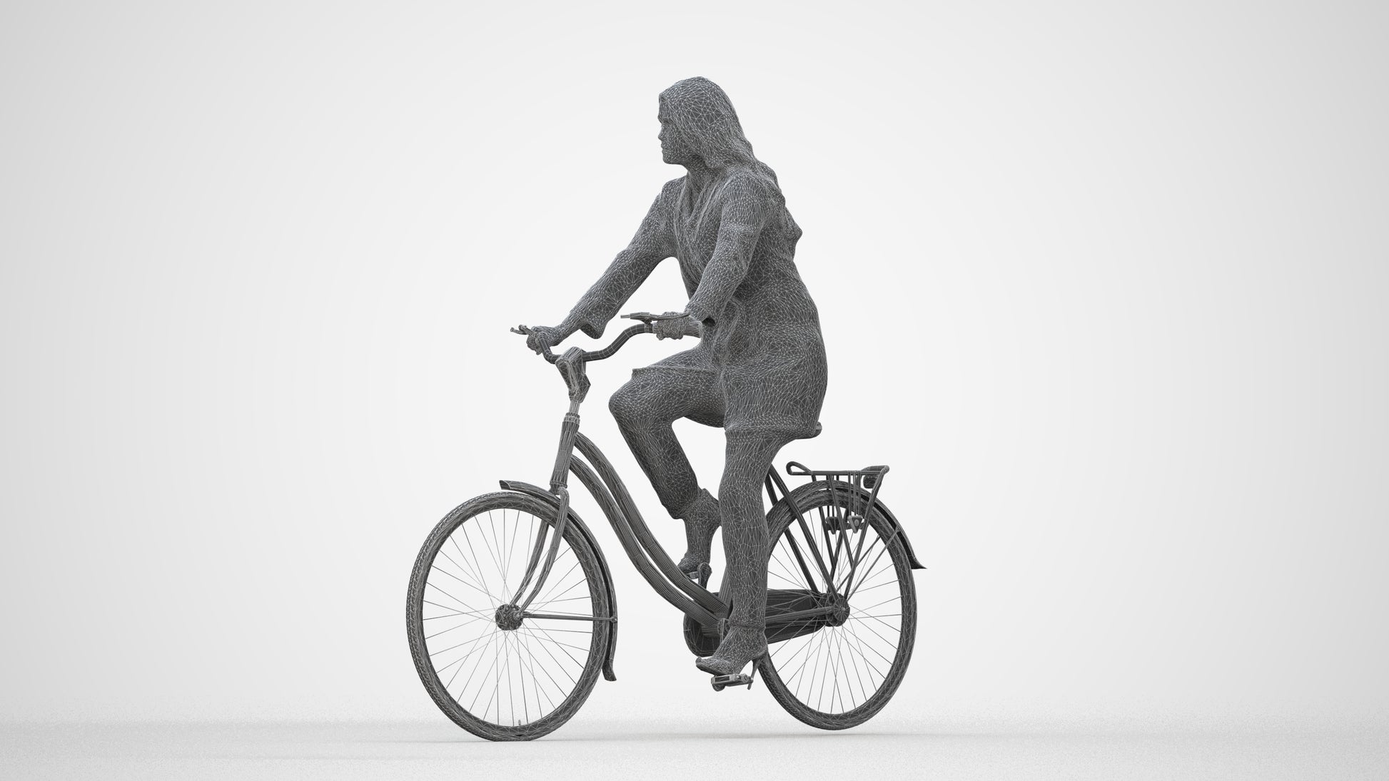 realistic 3D woman business cycling, scanned archviz people for Blender and 3ds Max, wireframe back view