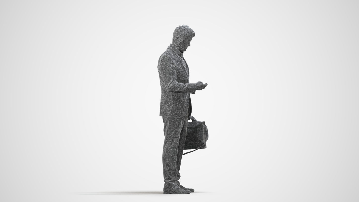 3D people model man business, scanned human for 3ds Max rendering, wireframe side view
