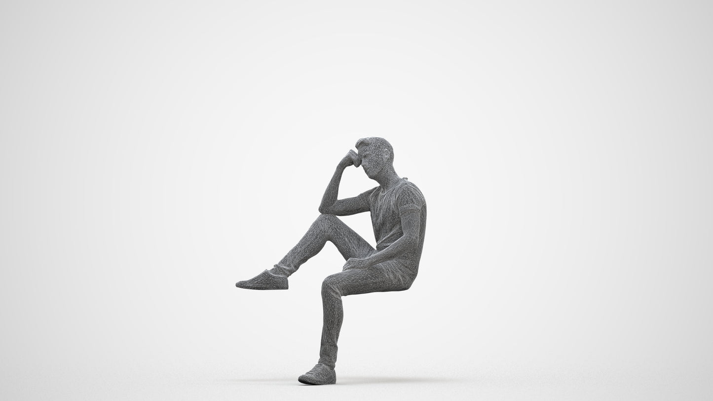 3D people model man casual sitting, scanned human for 3ds Max rendering, three-quarter front view render