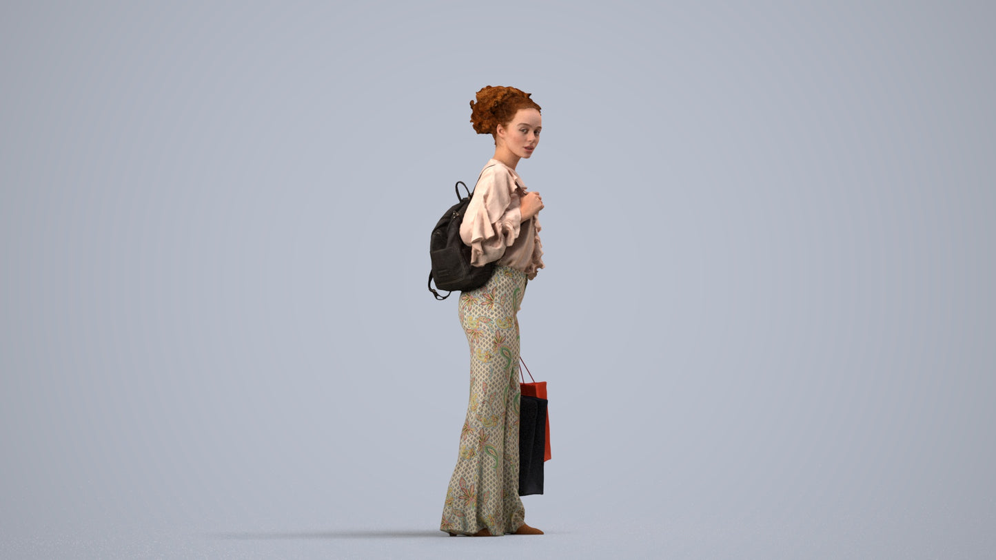 photogrammetry 3D woman casual shopping, realistic human model archviz FBX, side view render