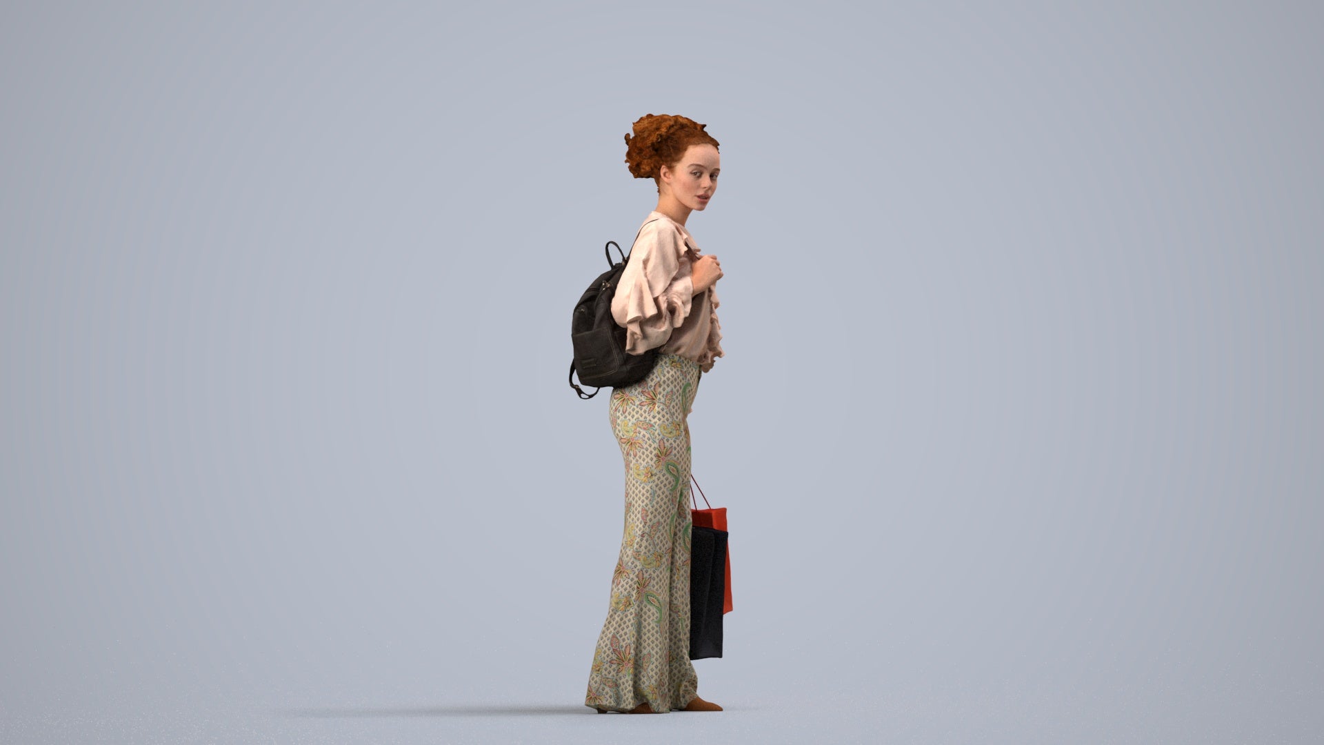 photogrammetry 3D woman casual shopping, realistic human model archviz FBX, side view render