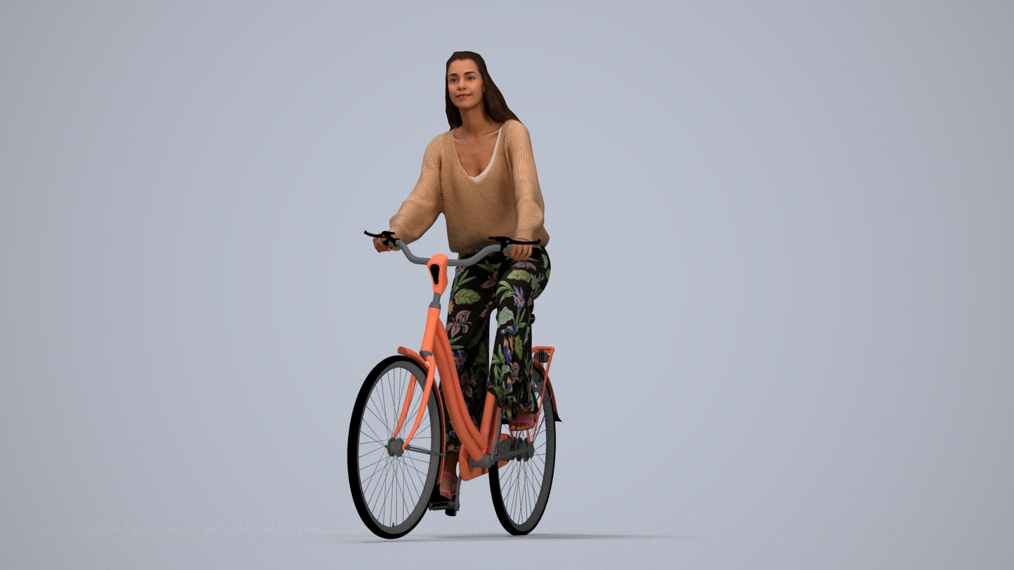 3D human model woman casual cycling, photogrammetry scanned person for archviz, top-down view render