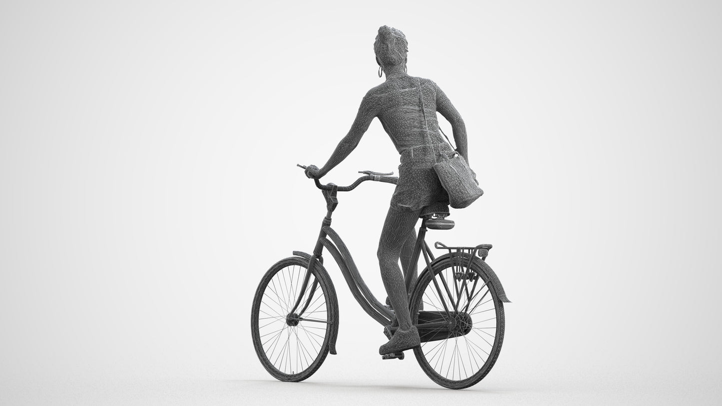 realistic 3D human woman casual cycling, archviz people FBX OBJ for Blender, wireframe front view