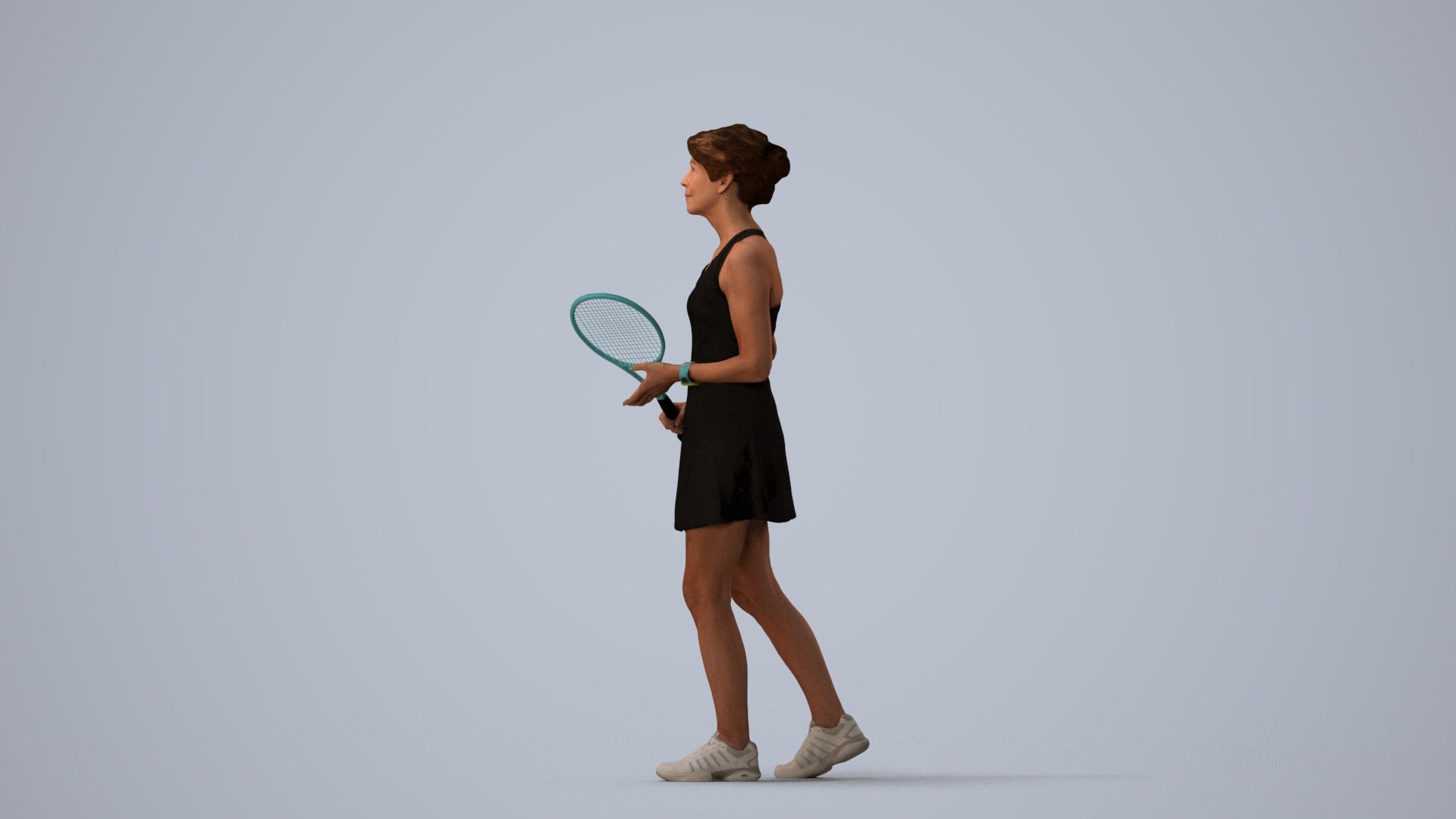 3D human model woman sport, photogrammetry scanned person for archviz, three-quarter view render
