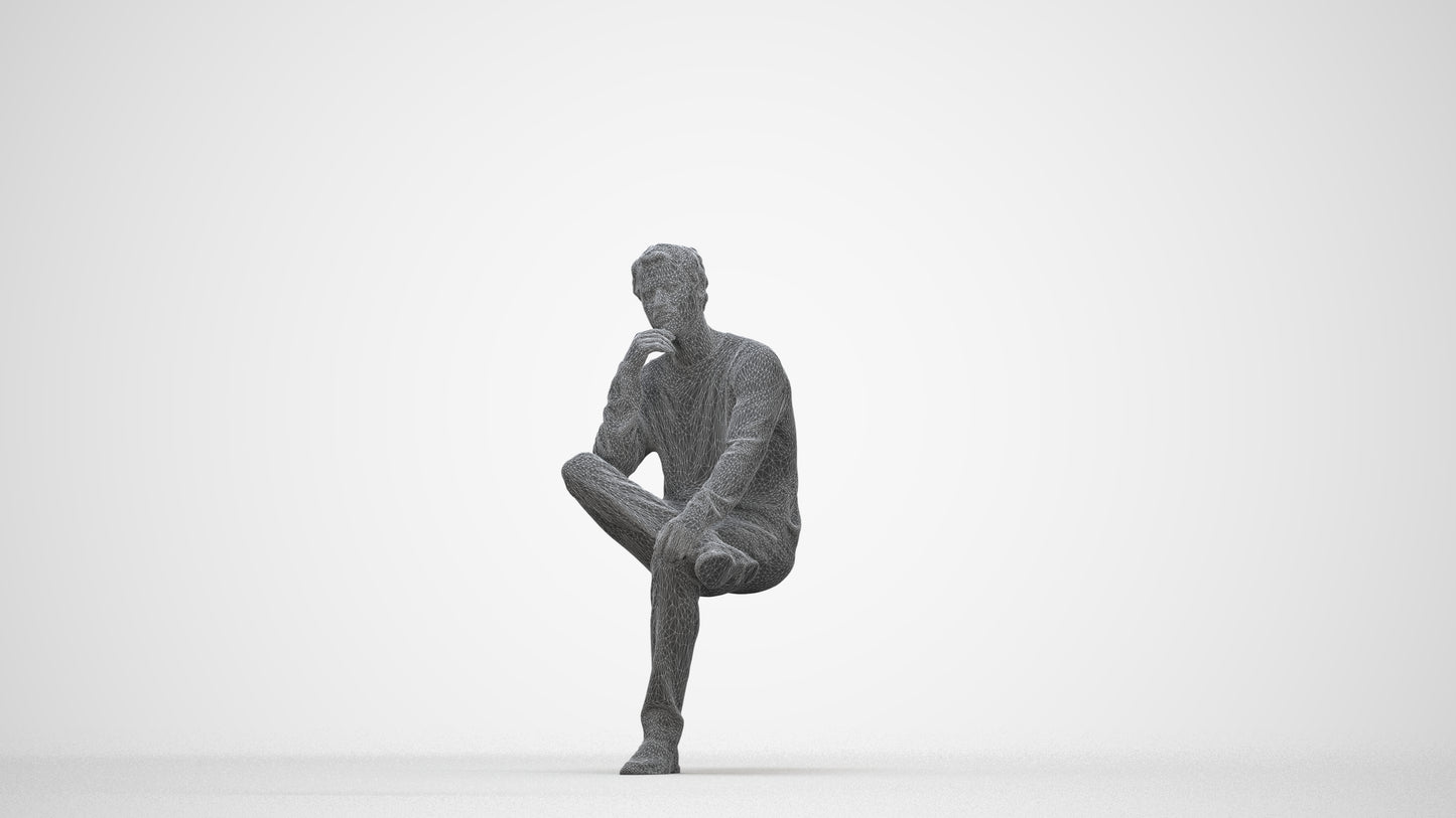 3D people model man casual sitting, scanned human for 3ds Max rendering, wireframe back view
