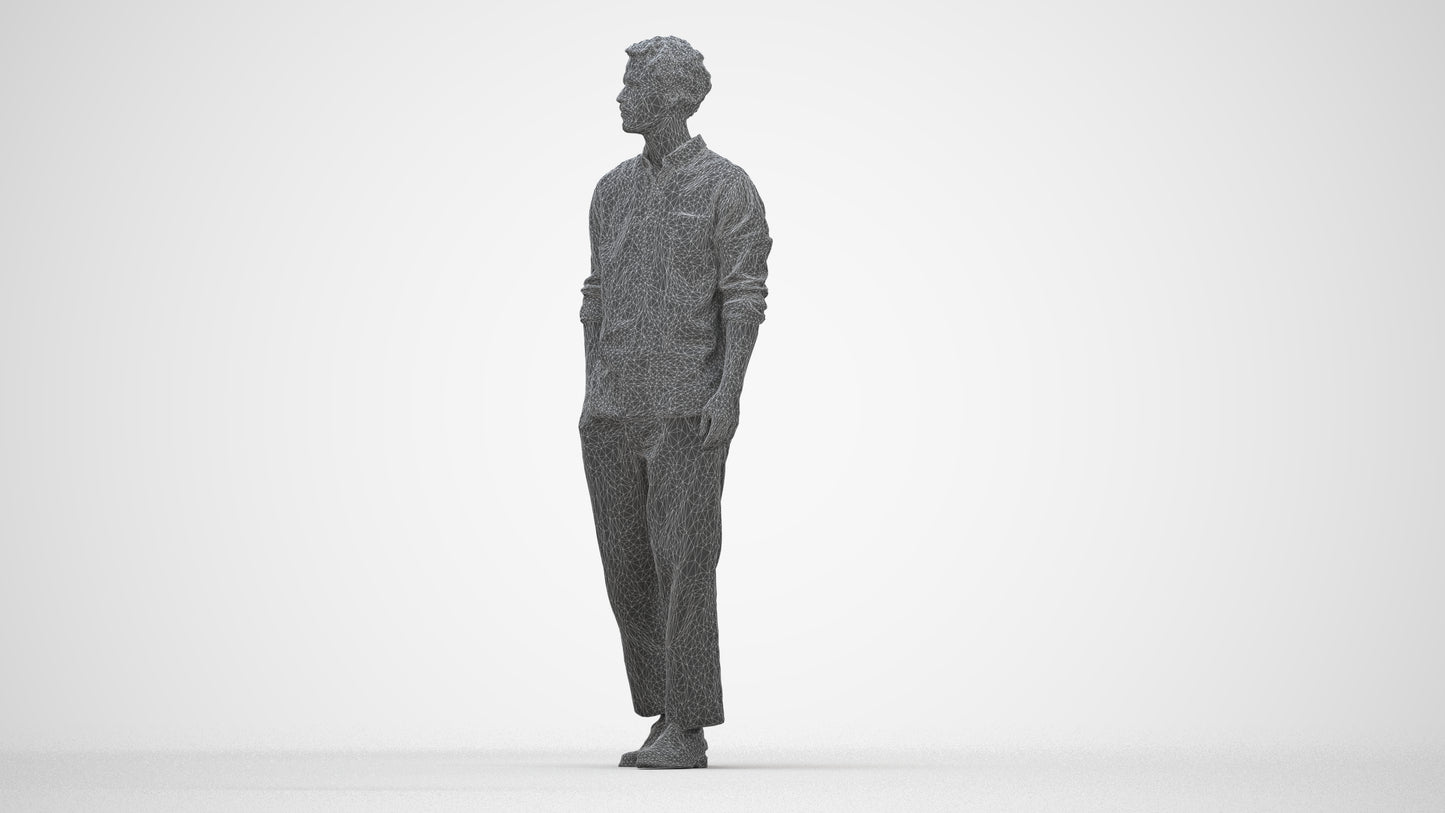 3D human model man casual walking, photogrammetry scanned person for archviz, wireframe side view