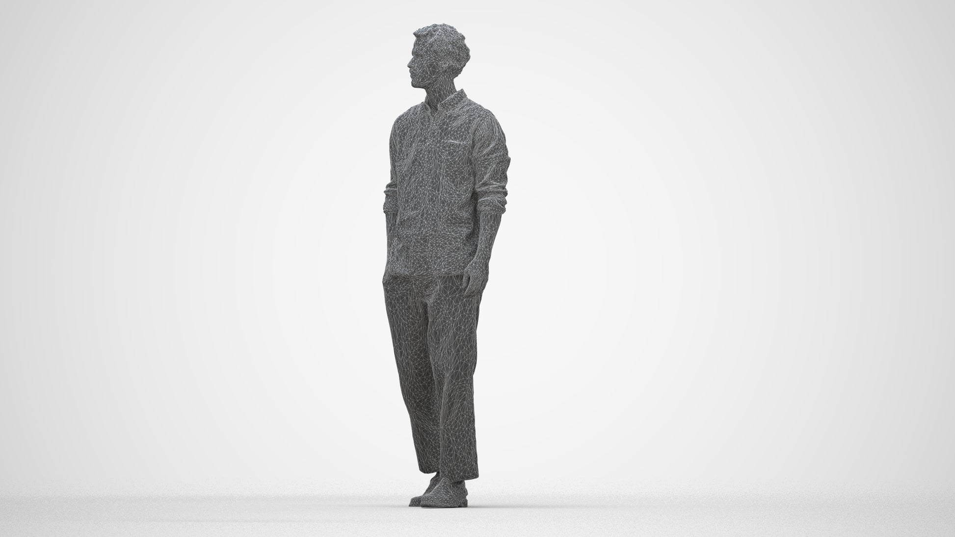 3D human model man casual walking, photogrammetry scanned person for archviz, wireframe side view
