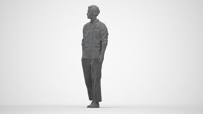 3D human model man casual walking, photogrammetry scanned person for archviz, wireframe side view