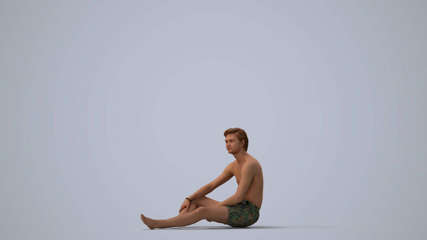 3D human model man pool, photogrammetry scanned person for archviz, three-quarter view render