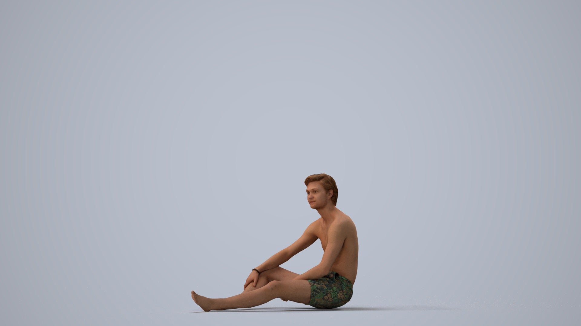 3D human model man pool, photogrammetry scanned person for archviz, three-quarter view render