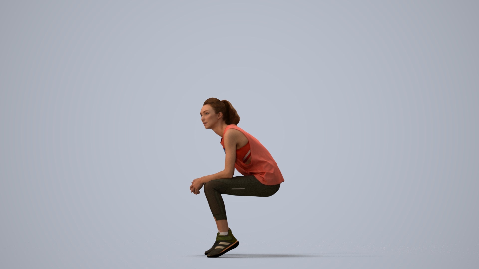 3D human model woman sport, photogrammetry scanned person for archviz, three-quarter view render