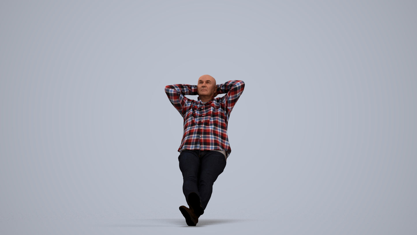 3D human model senior man casual sitting, photogrammetry scanned person for archviz, standing pose render