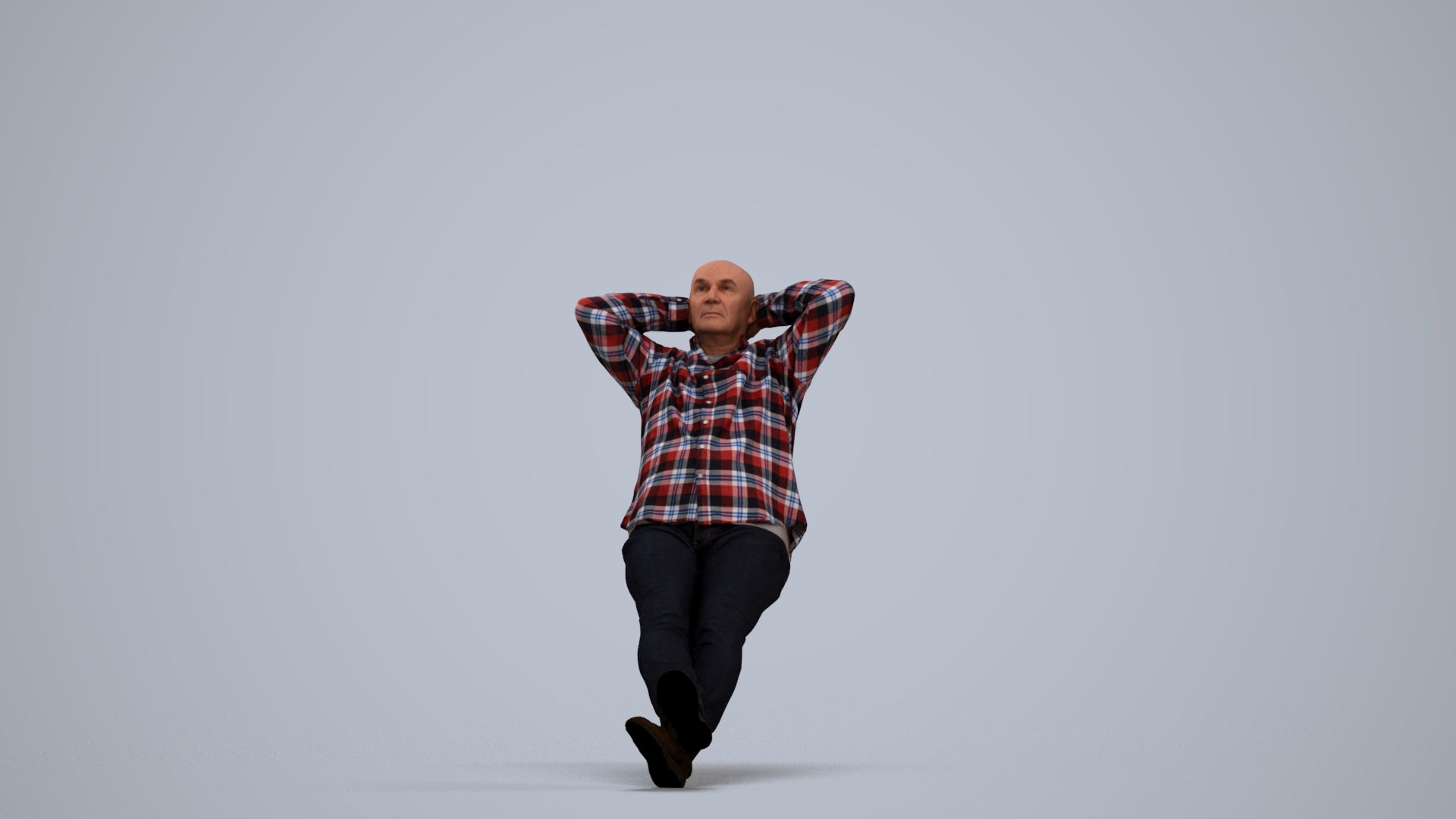 3D human model senior man casual sitting, photogrammetry scanned person for archviz, standing pose render