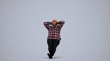 3D human model senior man casual sitting, photogrammetry scanned person for archviz, standing pose render