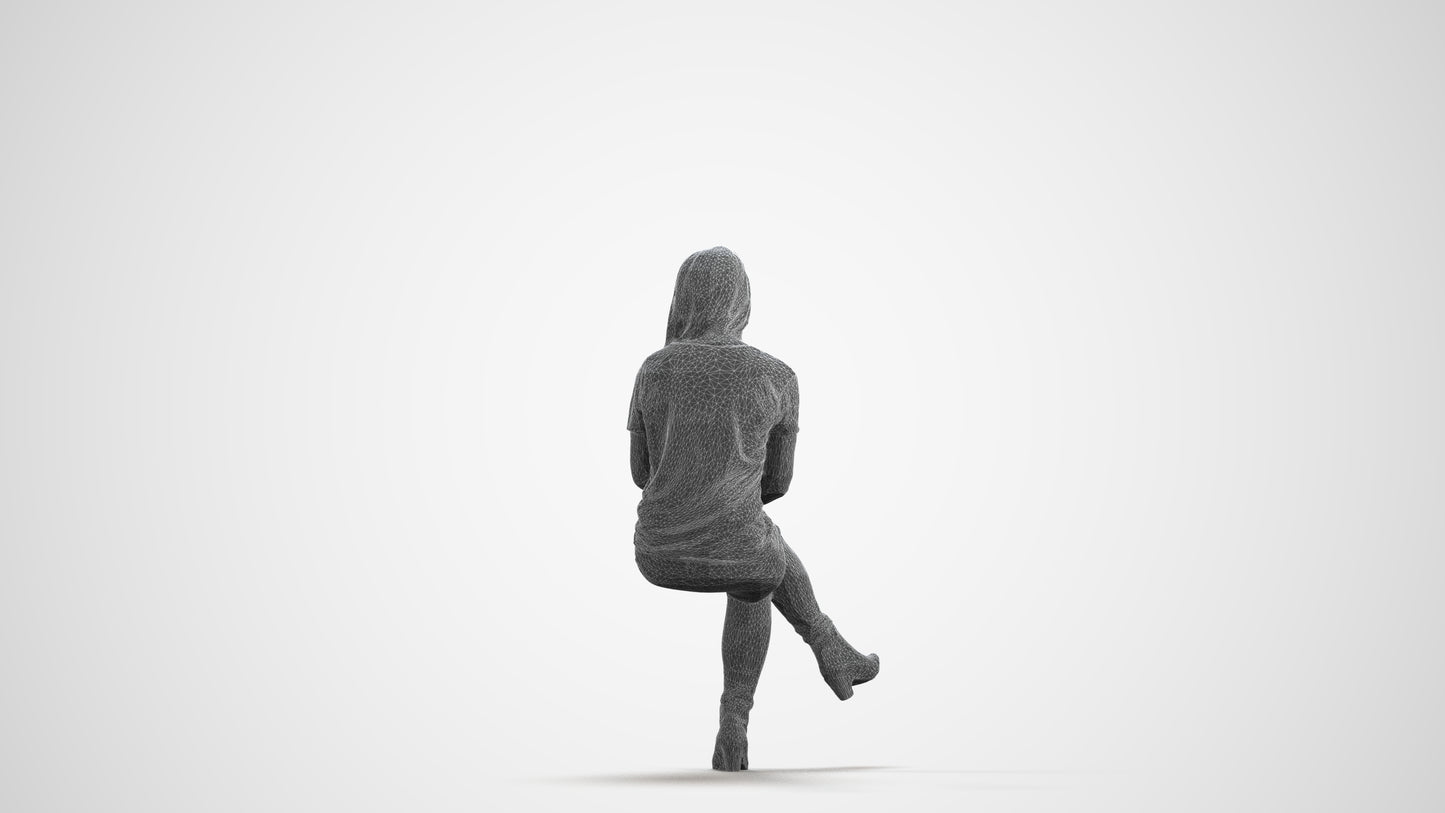 realistic 3D people woman casual sitting, render-ready for V-Ray and Corona, FBX OBJ, wireframe front view
