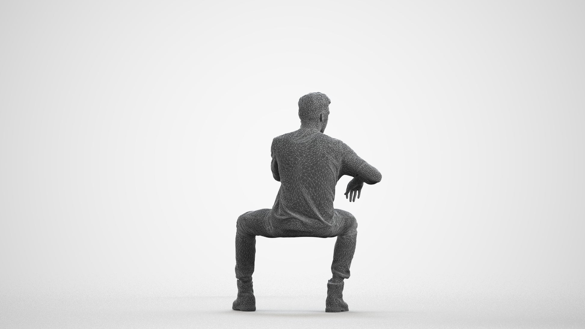 3D people model man casual sitting, scanned human for 3ds Max rendering, wireframe front view