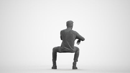 3D people model man casual sitting, scanned human for 3ds Max rendering, wireframe front view