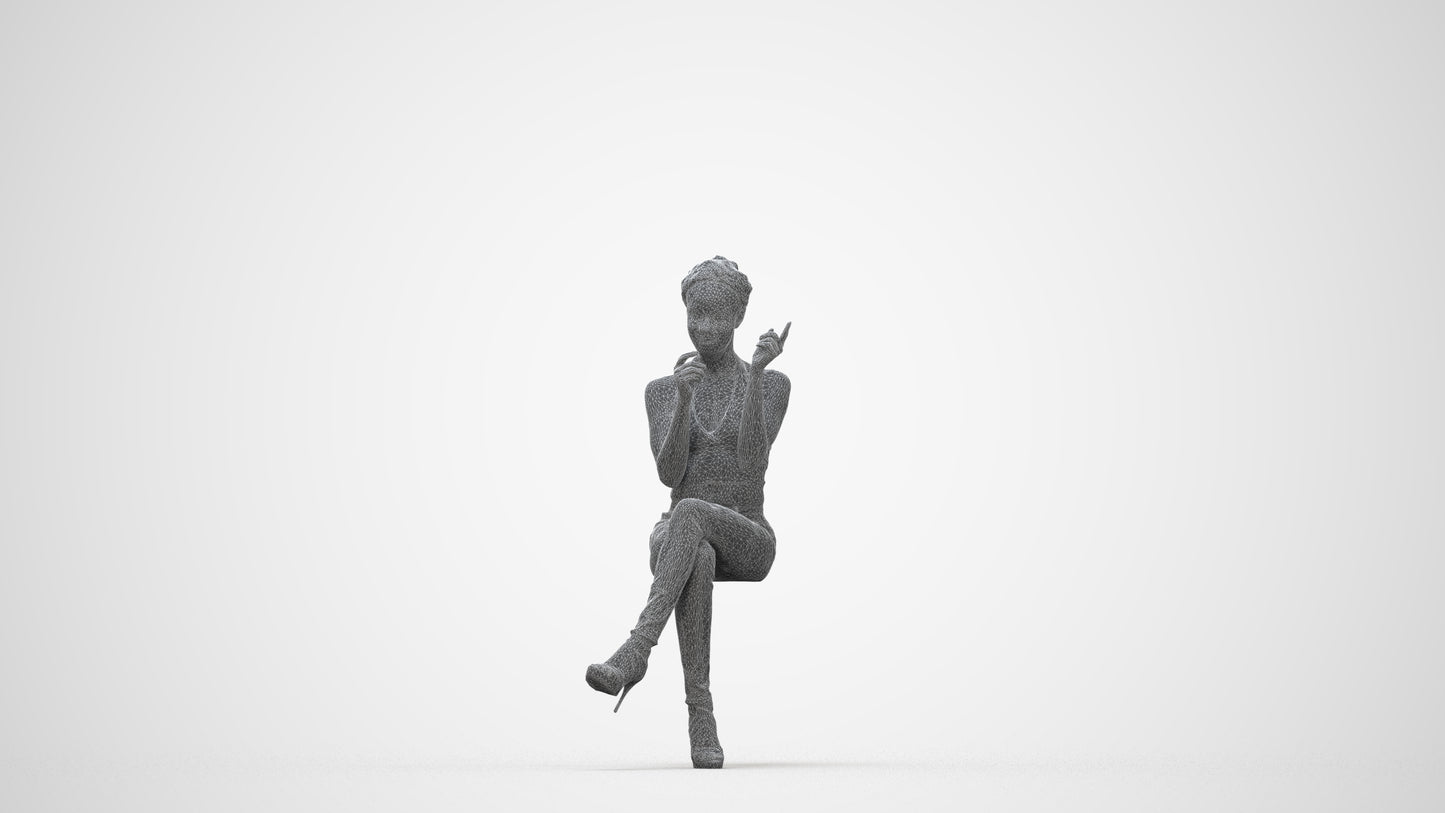 3D scanned woman sitting casual, photorealistic archviz people for Enscape and SketchUp, wireframe back view