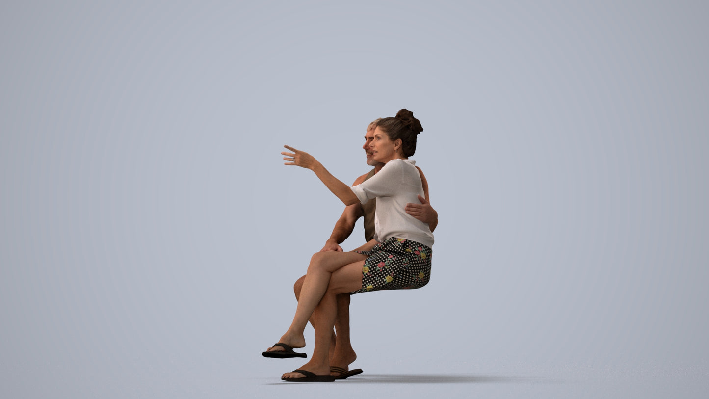 3D human model woman casual couple, photogrammetry scanned person for archviz, three-quarter view render