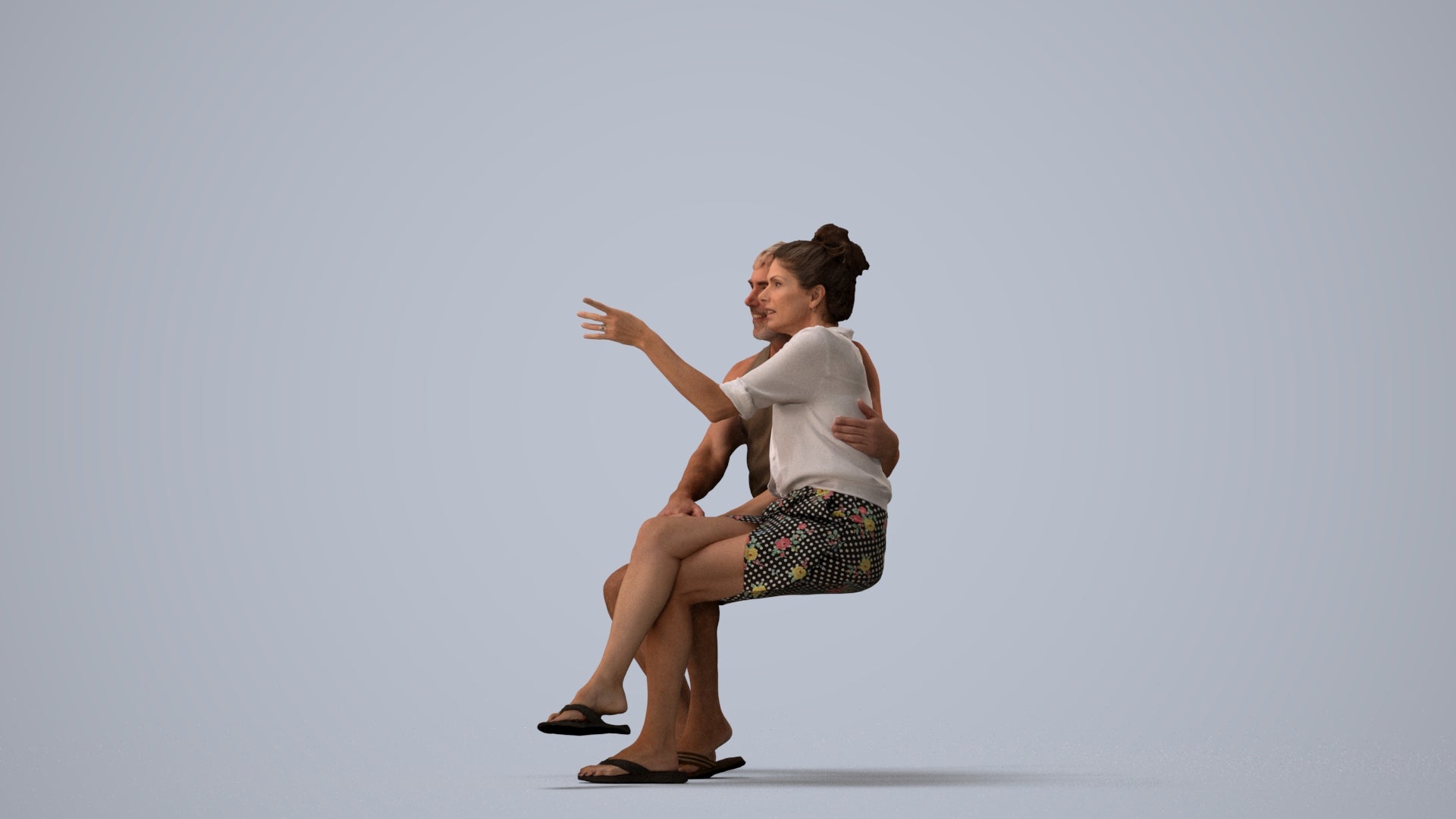 3D human model woman casual couple, photogrammetry scanned person for archviz, three-quarter view render