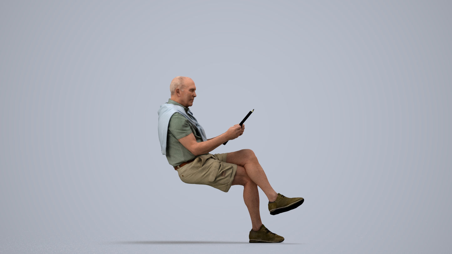 realistic 3D people senior man casual sitting, render-ready for V-Ray and Corona, FBX OBJ, side view render
