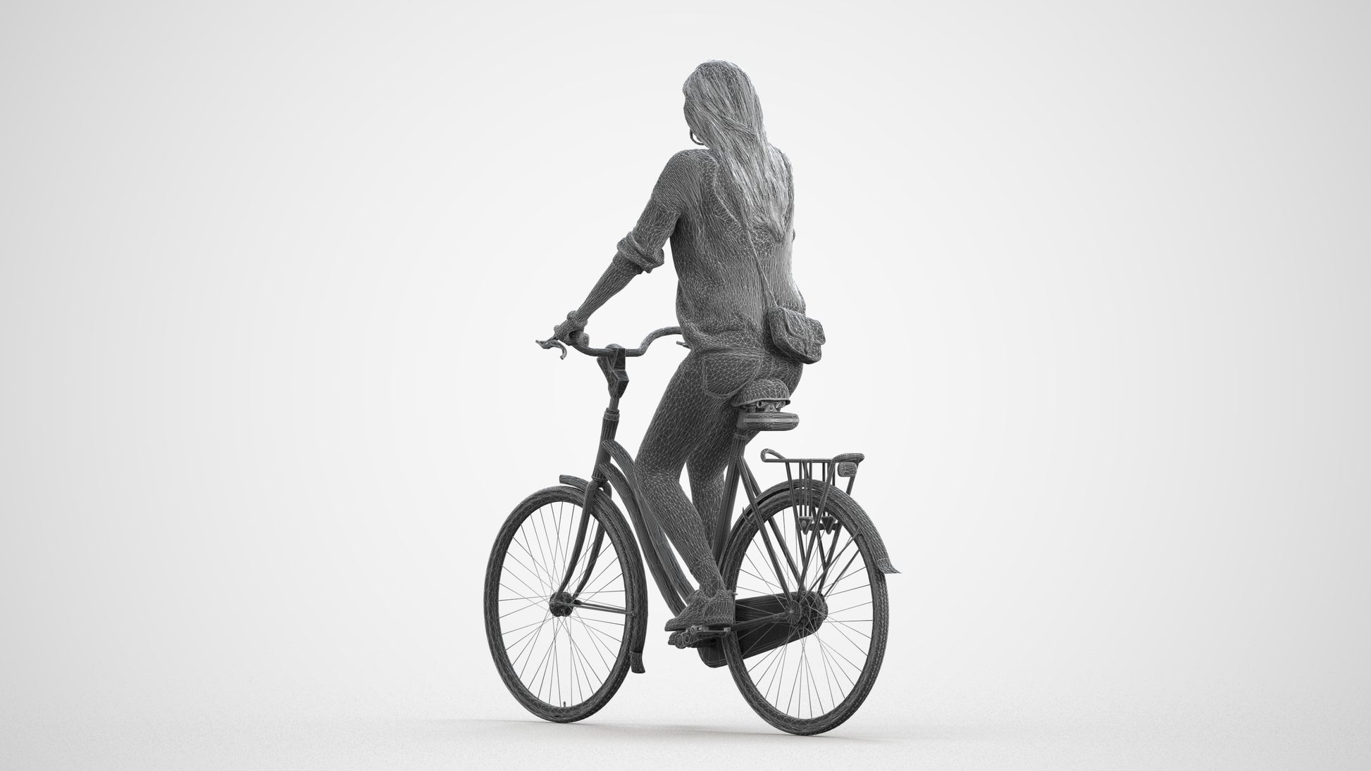 realistic 3D woman casual cycling, scanned archviz people for Blender and 3ds Max, wireframe front view