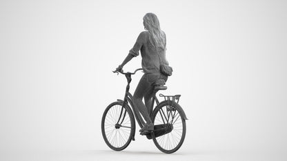 realistic 3D woman casual cycling, scanned archviz people for Blender and 3ds Max, wireframe front view