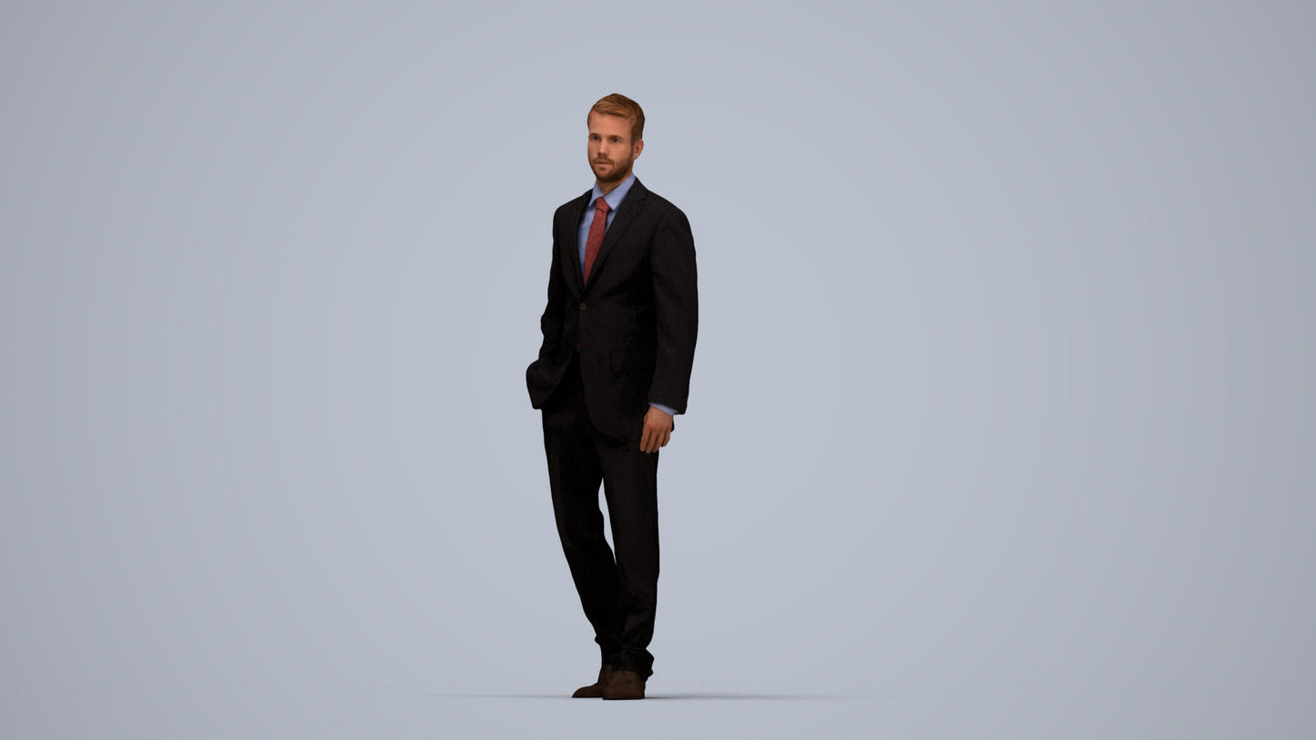3D human model man business standing, photogrammetry scanned person for archviz, top-down view render