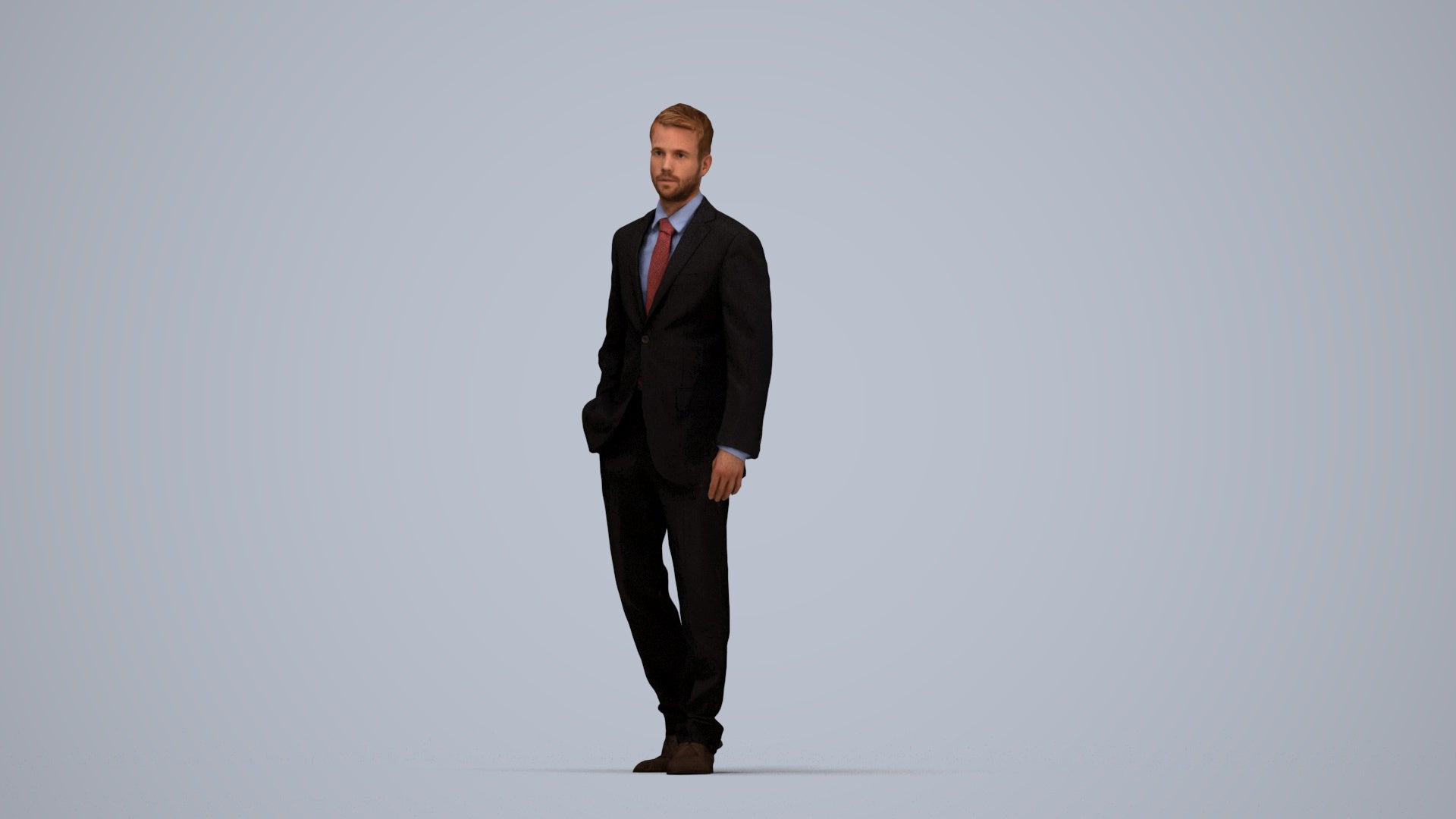 3D human model man business standing, photogrammetry scanned person for archviz, top-down view render